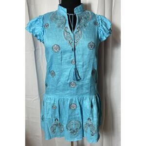NWT Tyler Boe Womens Linen Aimee Embroidered Ruffled V-Neck Tied Dress Blue Sz M